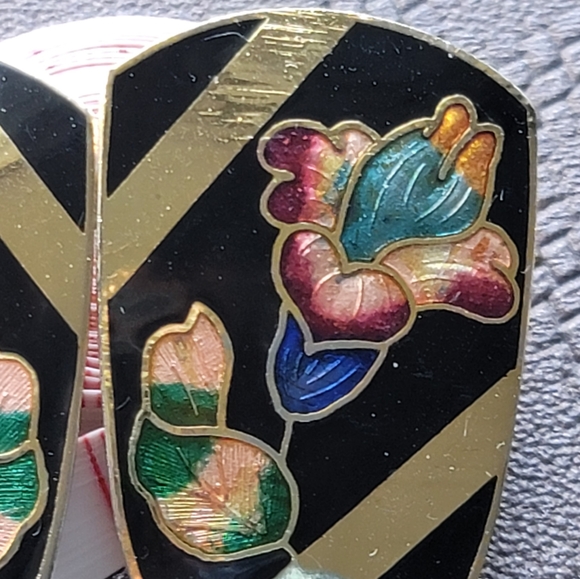 Big Vintage Cloisonne Enamel Orchid Flower Earrings. Gold tone. Rare find - Picture 3 of 6